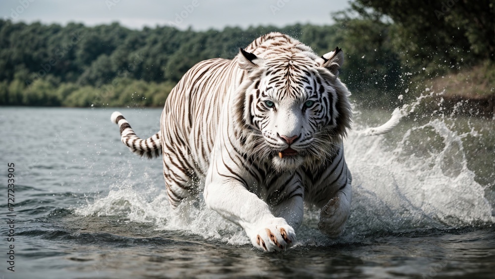 white tiger running very fast on lake with splash water