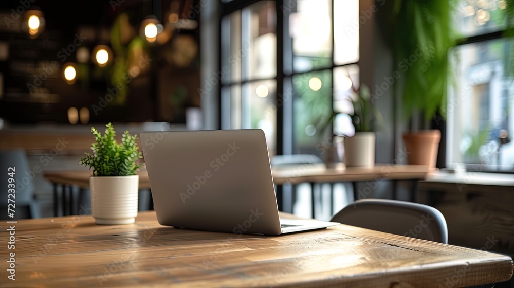 Laptop on a wooden table in a cafe. Work from home concept, ai generative Laptop on a wooden table in a cafe. Work from home concept, ai generative
