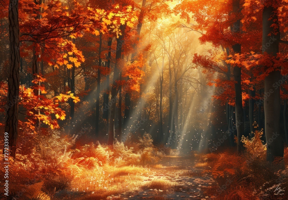Autumn Path, Sunlit Forest, Golden Leaves, Forest Sanctuary.