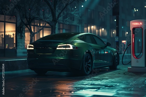 Modern electric car charging at a station on a misty night. urban eco-friendly transportation. sleek vehicle design captured in a nocturnal setting. AI