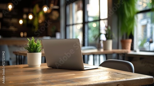 Laptop on a wooden table in a cafe. Work from home concept, ai generative