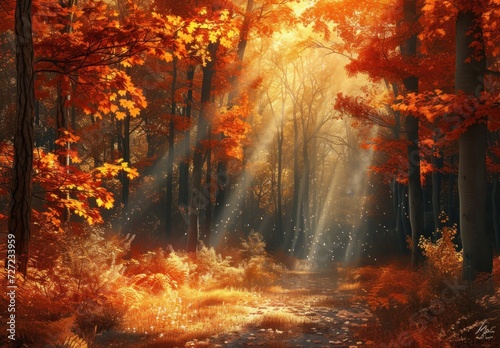 Autumn Path, Sunlit Forest, Golden Leaves, Forest Sanctuary.