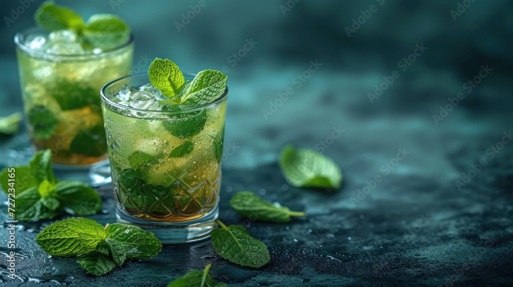 Minty Mojitos, Freshly Squeezed Lemonade with Mint Leaves, Cool and Refreshing Mint Juleps, Beverages with a Touch of Flavor - Mint-Infused Drinks. - obrazy, fototapety, plakaty 