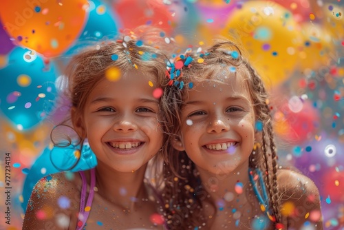 Joyful young girls radiating happiness as they celebrate surrounded by vibrant party balloons