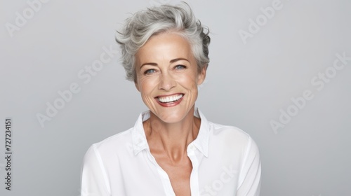 portrait of happy and laughing middle aged pretty woman