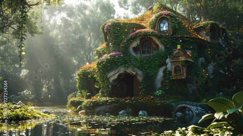 Fantasy house made of green leaves and flowers in the garden