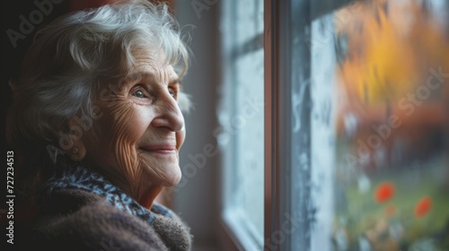 old senior woman contemplative looking out of the window