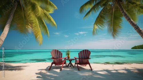 deckchairs under palm trees on a lonely sand island in the middle of the ocean © Wolfilser