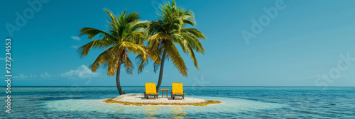 deckchairs under palm trees on a lonely sand island in the middle of the ocean