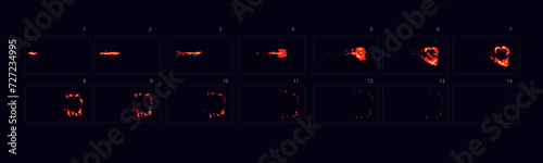 Fire explosion during the shot with the machine. Fire burst animation. Cartoon style sprites sheet of fire animation .– Vector