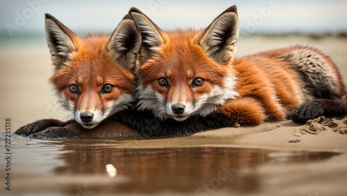 Wild baby red foxes cuddling at beach with water © LIFE LINE
