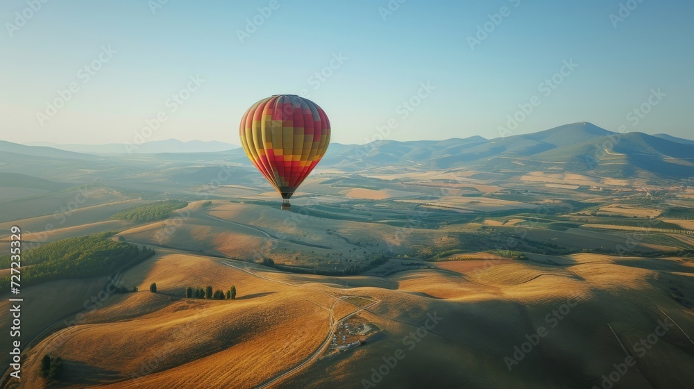 Fototapeta premium Hot Air Balloon Soaring Above a Vibrant Green Field, Summer Day