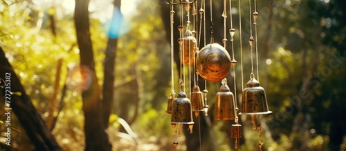 Wind chimes hanging among the trees were exposed to the wind photo