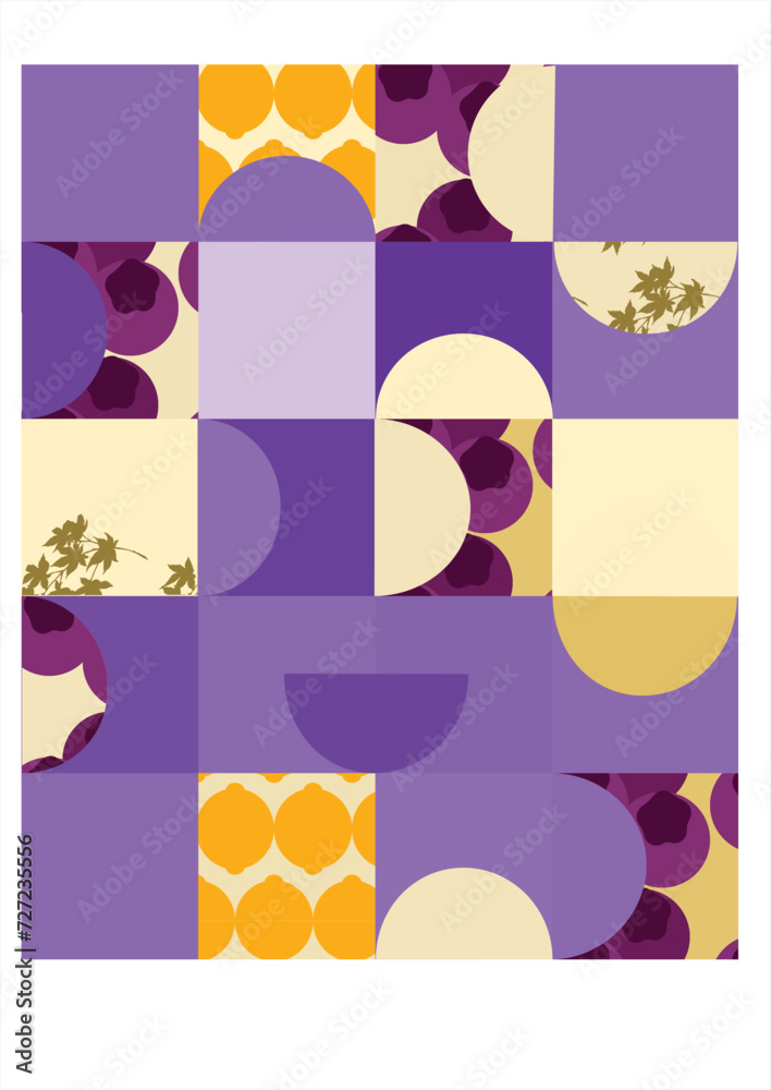 Modern square, circle geometric banner with fruits and leaves in purple and creamy yellow color. Geometry abstract print design with space for text.