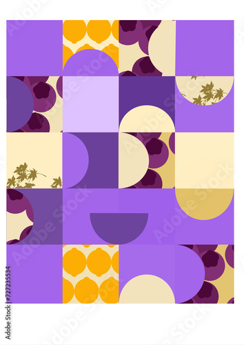 Modern square  circle geometric banner with fruits and leaves in purple and creamy yellow color. Geometry abstract print design with space for text.