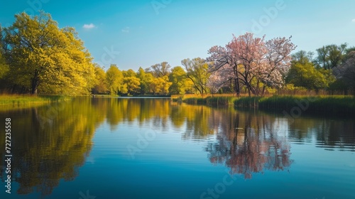 A Serene Lake Surrounded by Lush Trees and Green Grass, Spring