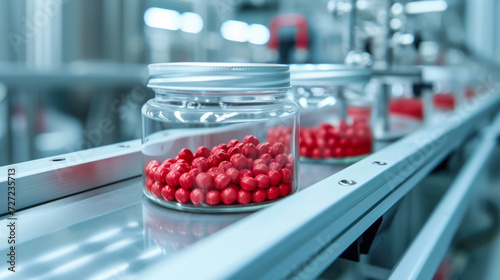 Production of medicines in glass jars with red pills. Line for the production of ampoules at a modern pharmaceutical plant. Pharmacology concept.
