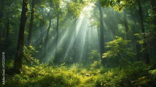 A lush  green forest with sunlight filtering through tall  ancient trees..