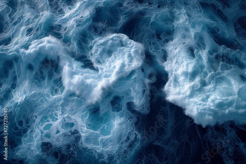 Stormy ocean's waves in deep blue color background. Top view, dark waters with foam. 
