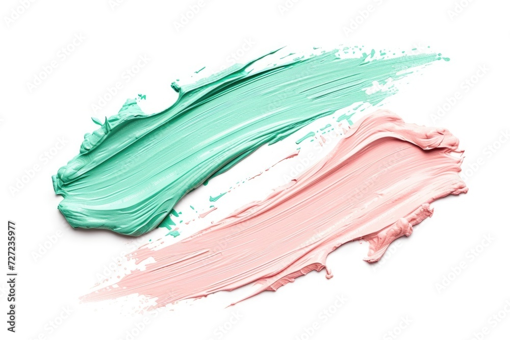 Green and pink color corrector samples on white background.