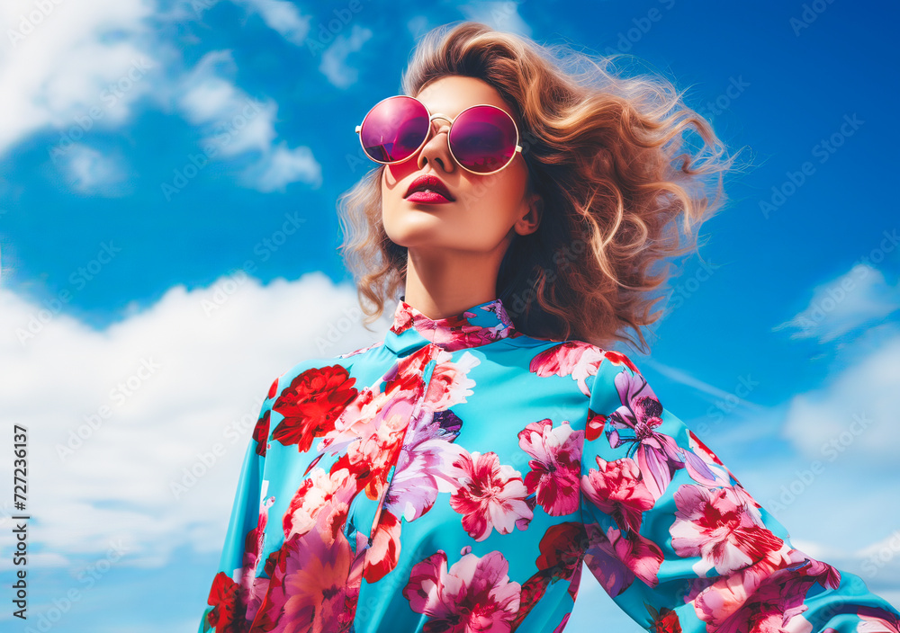 woman in flowered blouse with modern sunglasses with windblown hair