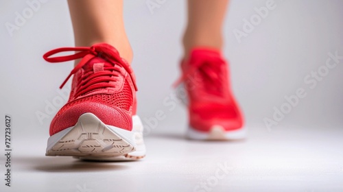 A woman s feet walking wearing red unbranded sports shoes on white background  background image  generative AI