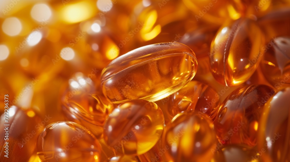 A Close-Up of Omega-3 Fish Oil Gel Capsules. A Close-Up of Omega-3 Fish Oil Gel Capsules.