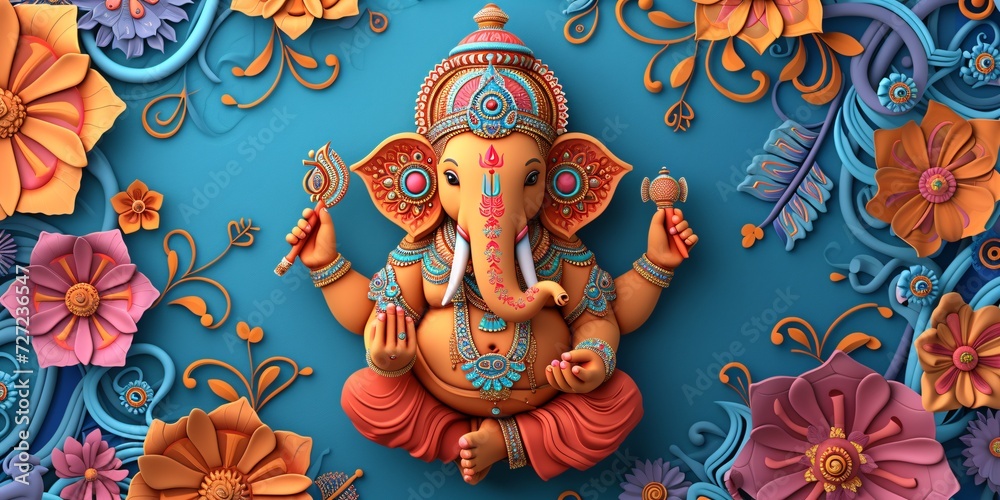 Colorful depiction of Hindu deity Ganesh on a decorative background, presented as a modern 3D wallpaper on a fortress. - obrazy, fototapety, plakaty 