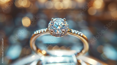 A beautiful diamond ring stands in a store window. © olegganko
