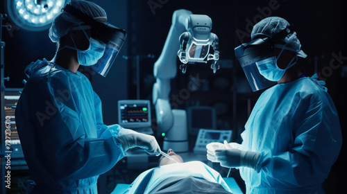 Surgeons use high-precision remote-controlled mini forceps to operate on patients in hospital. Doctors work with new technologies and monitor vital signs on holographic displays with visual effects.
