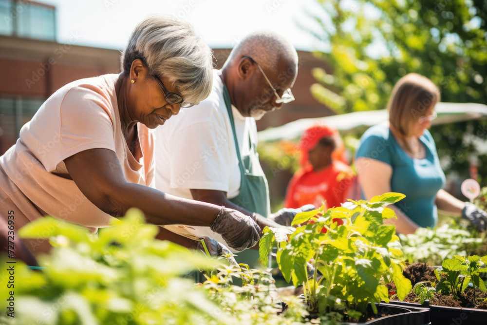 Happy african american senior couple having fun gardening together at gardening club