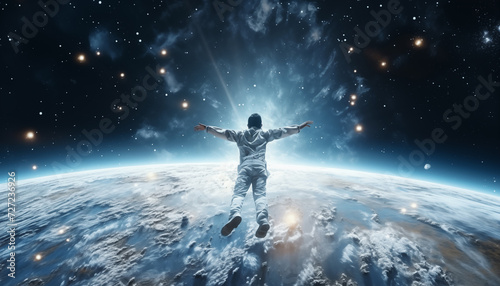 Conceptual photo of Astronaut dressed light spacesuit while free falling from stratosphere on Earth and enjoying planet . Space exploration and sci fi concept image. © Train arrival