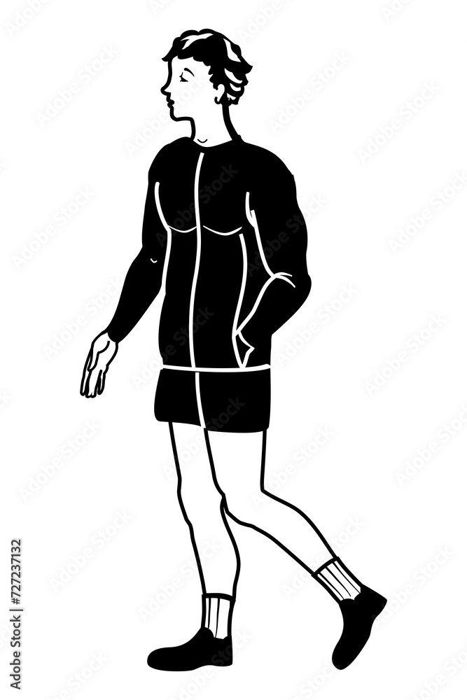 Young Man walking for cardio training exercise. Black and white. design of sketch of a teenage boy walking forward,  isolated in a white background. Useful for web, graphic design, print, card, poster