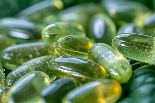 A Close-Up of Omega-3 Green Fish Oil Gel Capsules.
