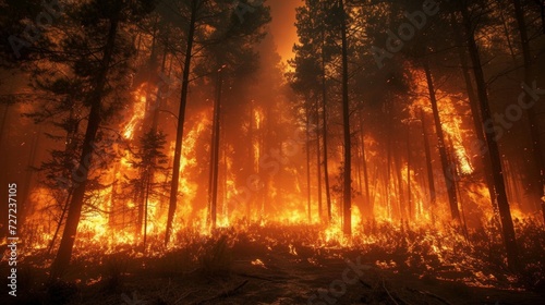 A fierce wildfire rages through a dense forest, engulfing trees in bright orange flames.