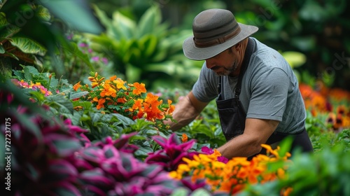 A gardener planting colorful flowers.