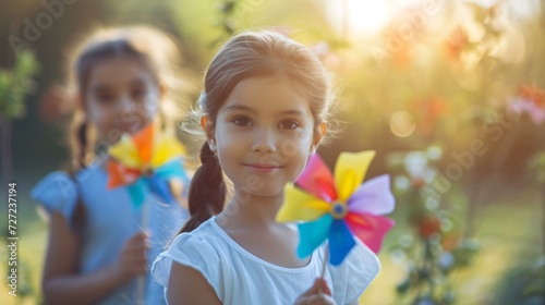 Young girls playing with vibrant toy pinwheels on a sunny summer afternoon  with a shallow depth of field.