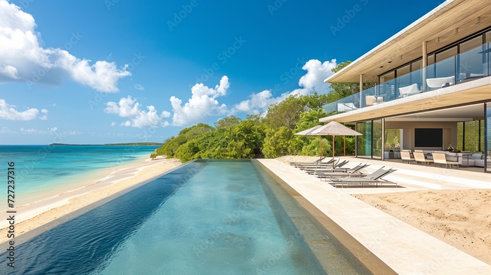 Fototapeta premium Top view of tropical Beach Club with pool