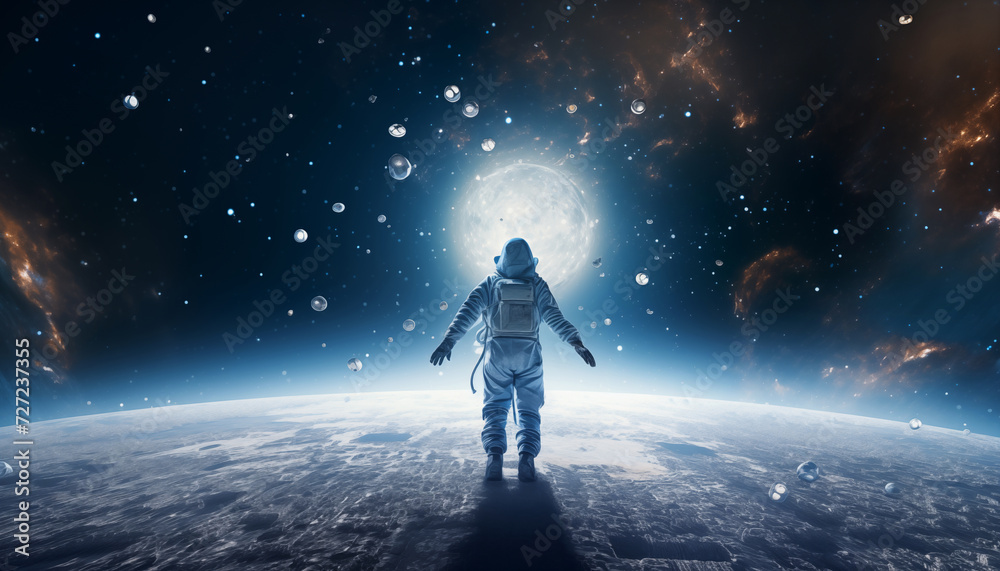 Astronaut dressed space suit and helmet enjoying by the abandoned cold planet Natural satellite Moon glowing while standing on surface during colonization mission. Space exploration and sci fi concept