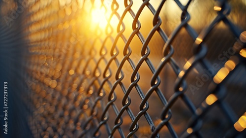 Sunlit metal mesh pattern with intricate fence details and a faint background glow.