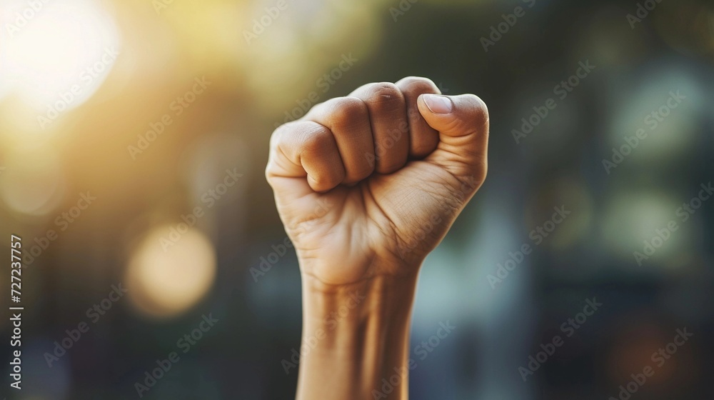 Clenched fists raised high in the air, symbolizing victory, triumph, and a sense of achievement, background image, generative AI - obrazy, fototapety, plakaty 