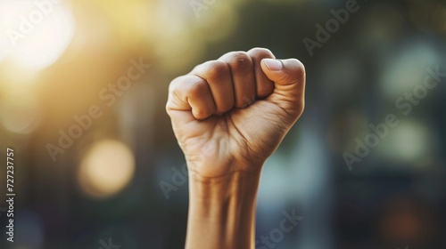 Clenched fists raised high in the air, symbolizing victory, triumph, and a sense of achievement, background image, generative AI