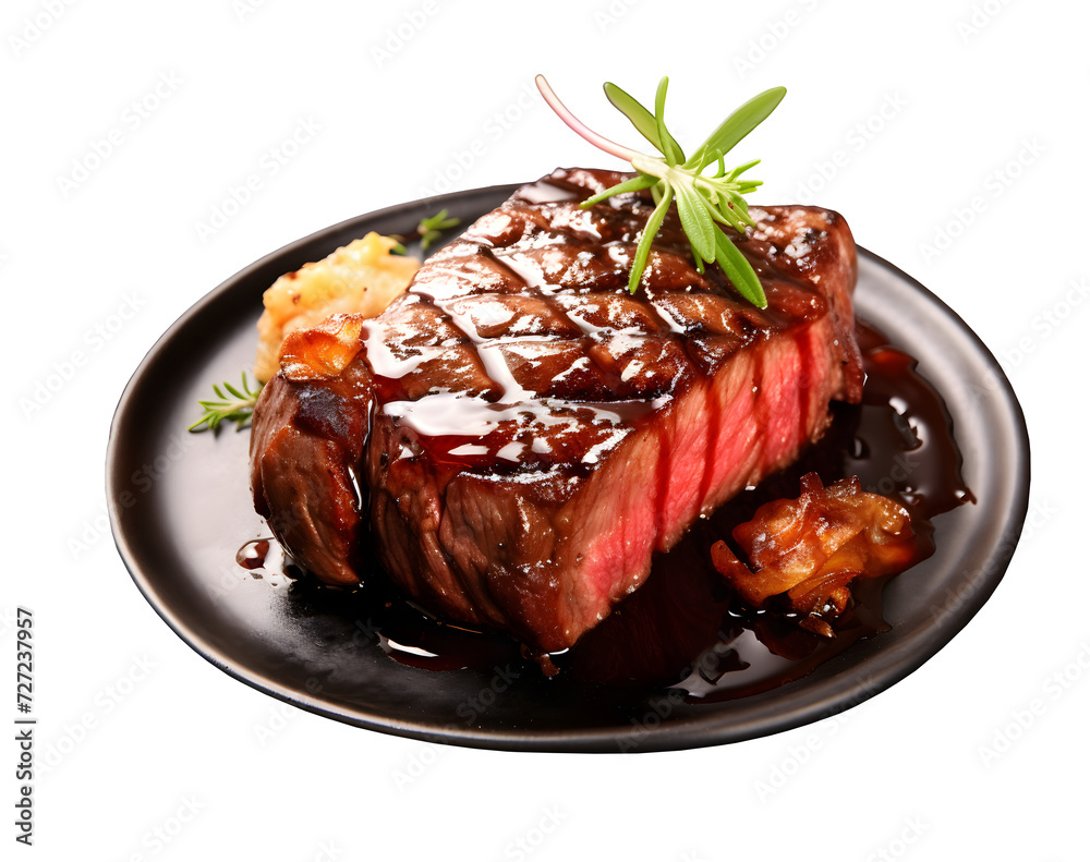 top view Beef steak meat cutting in a black plate, t bone, Wagyu Beef Steak, rib eye, isolated on white transparent background top view Beef steak meat cutting in a black plate, t bone, Wagyu Beef Steak, rib eye, isolated on white transparent background