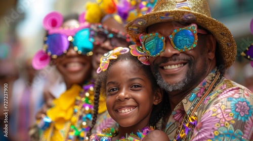 A family in matching carnival outfits, smiling and celebrating together in the heart of Mardi Gras.