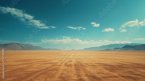 A barren desert landscape under a vast, empty sky.