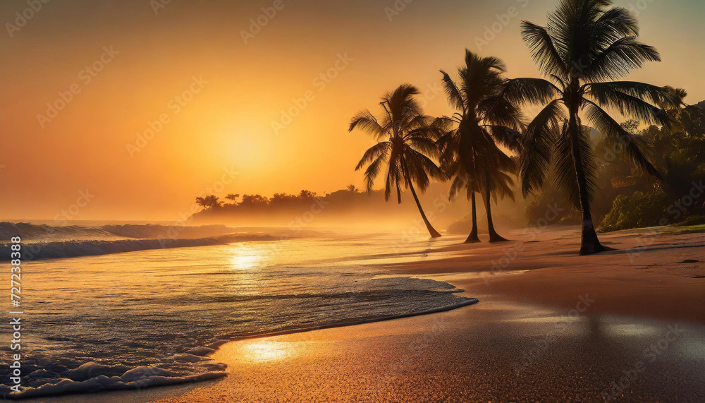 Zachód słońca na tropikalnej plaży, tapeta, dekoracja. Generative AI - obrazy, fototapety, plakaty 