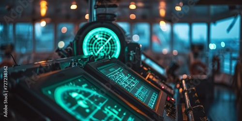 Green radar display on captain's bridge of modern vessel. photo