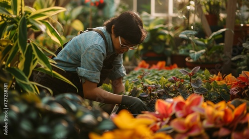 A gardener planting colorful flowers.