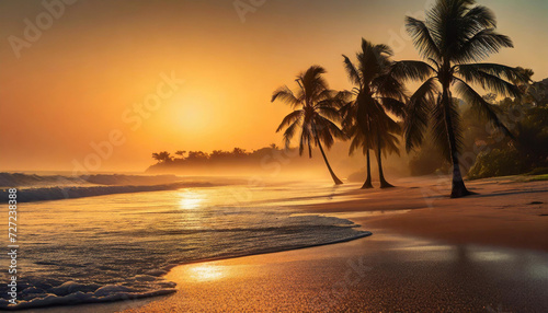 Zachód słońca na tropikalnej plaży, tapeta, dekoracja. Generative AI