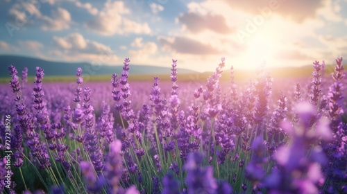 A field of vibrant purple lavender under a bright, sunny sky